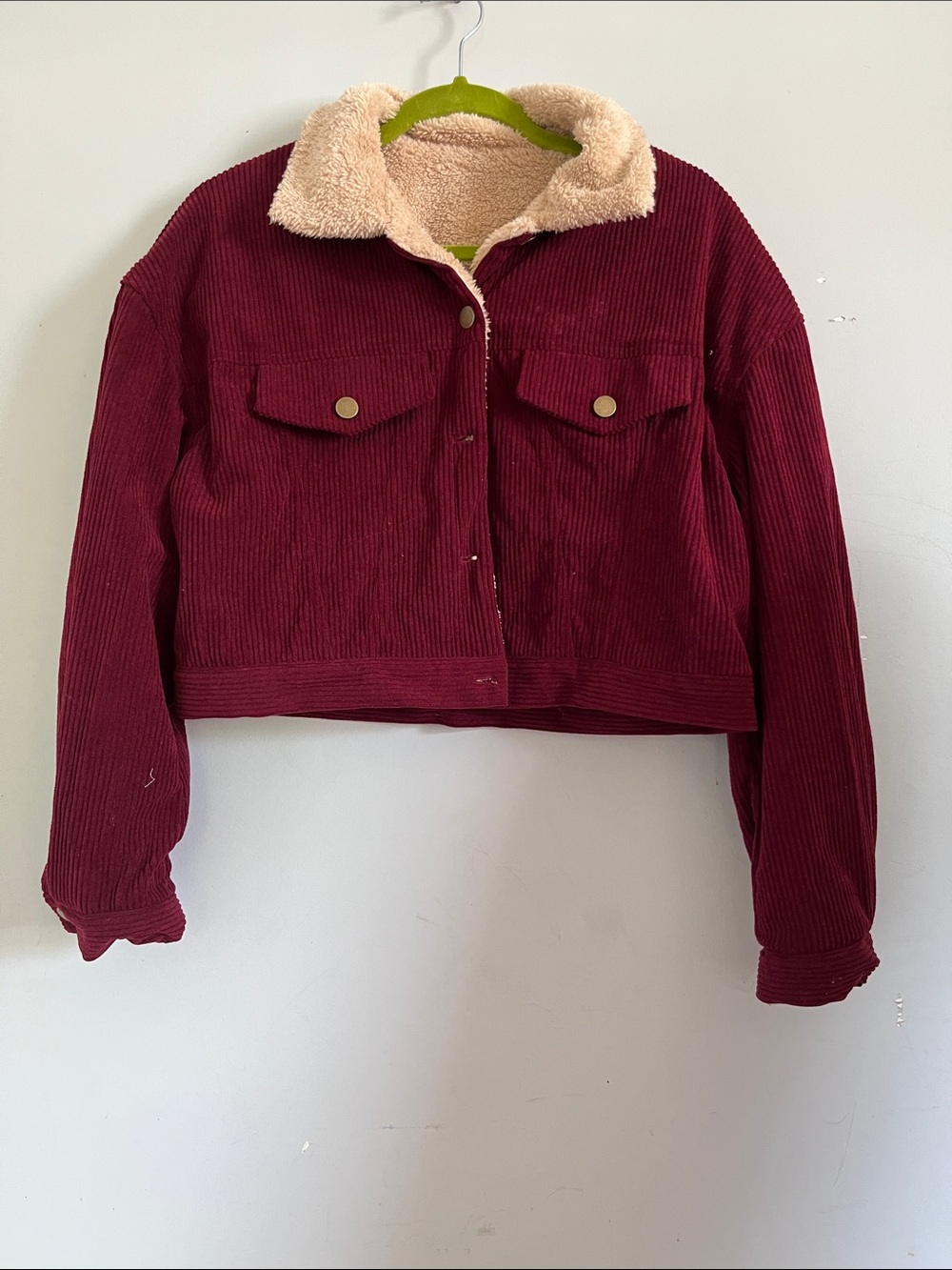 Cropped Burgundy Corduroy Teddy Collar Jacket